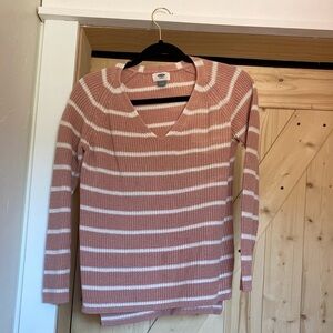Pink and White Striped V-Neck Sweater